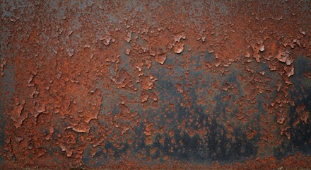 Close up of heavily rusted metal surface with peeling paint and textured patina background weathered
