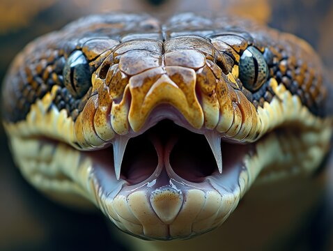 Close-up of a Burmese python mouth slightly open, revealing sharp, curved teeth