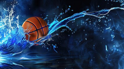 Dynamic basketball player mid-air performing powerful slam dunk with vibrant blue energy trails and splash effects capturing intense sports action and athletic motion.