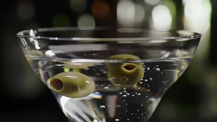 Elegant Crystal Martini Glass Filled with Clear Liquor Garnished with Green Olives in a Blurred Sophisticated Bar Setting Perfect for Happy Hour National Martini Day Celebration or Advertisement