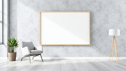 Modern living room with empty framed art and comfortable armchair