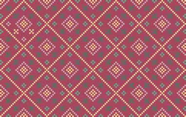 A seamless 8-bit pixel art background featuring a geometric pattern of diamonds and small crosses in shades of red, yellow, green. This retro-inspired design is ideal for textile, gaming, background.