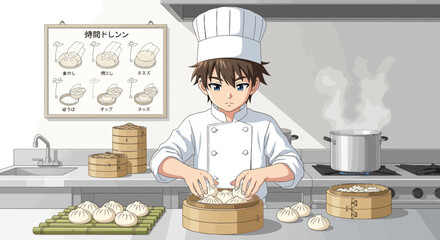 Anime Chef preparing dim sum in a modern kitchen with a guide hanging on the wall