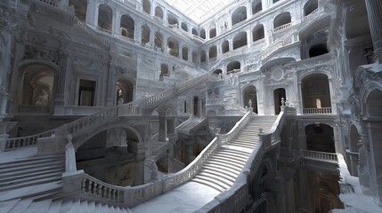 wide shot surreal marble statue merged with impossible architecture, floating staircases to nowhere, empty halls suspended in midair, dreamlike subconscious symbolism, intricate details 