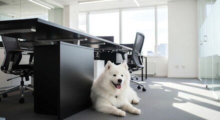 Fluffy white dog relaxing under a desk in a modern office