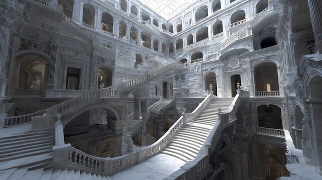 wide shot surreal marble statue merged with impossible architecture, floating staircases to nowhere, empty halls suspended in midair, dreamlike subconscious symbolism, intricate details 