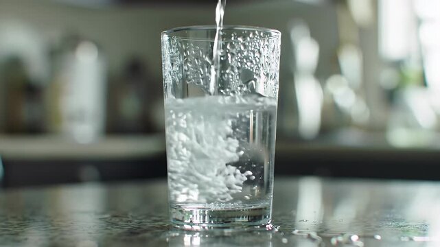 Elegant Glass Being Filled with Water in a Close Up View with Softly Blurred Background Showcasing Purity and Refreshment for Health and Wellness Promotions and Decoration