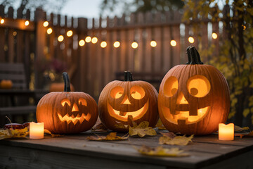 Fototapeta premium Halloween Flat Lay with Pumpkins, Spiders, Bats and Trick or Treat Buckets on Orange Background,Halloween party decorations frame from pumpkins,Halloween pumpkins with carved faces, Halloween flat lay