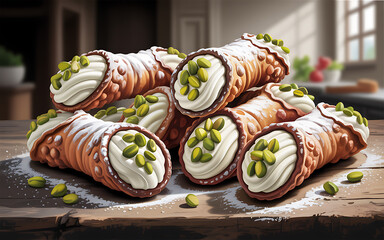 Traditional Italian Cannoli Pastry with Cream Filling and Pistachio Dessert.