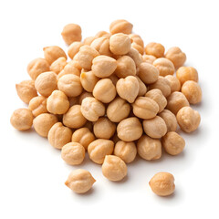 A clear image of chickpeas (garbanzo beans) isolated on a white background, showing their round shape