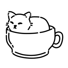 Cat in cup vector line art outline illustration. Minimalist cat icon line illustration.