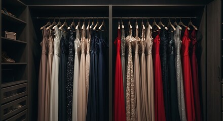 Organized closet with rows of colorful ties neatly hung