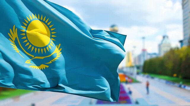 Flag of Kazakhstan waving in the wind with Astana and Baiterek in the background, symbolizing national pride and independence.