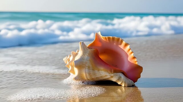 Large Seashell Resting on Wet Sandy Shoreline Near Crashing Ocean Waves During Daylight