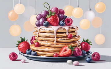Stack of Pancakes with Fresh Strawberries Blueberries Raspberries and Grapes.