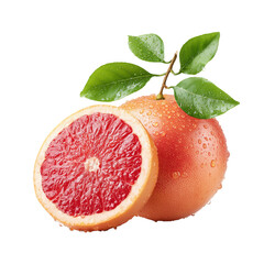 Fresh vibrant pink grapefruit with green leaves with water droplets, isolated on transparent background