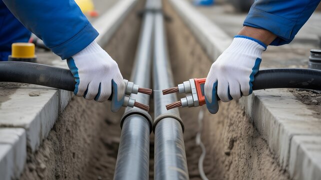 Expert electrician meticulously installing underground power lines for reliable energy distribution today