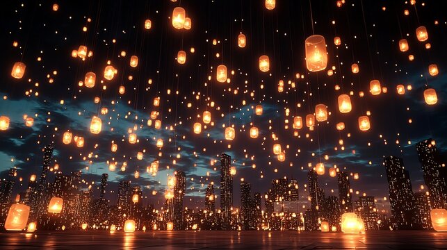 The night sky with floating lanterns