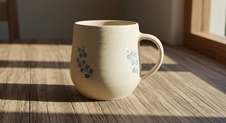 Ceramic mug with floral design bathed in warm sunlight