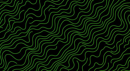 Fototapeta premium A black background with a pattern of wavy uneven neon green lines covering the surface