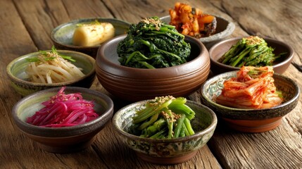 Colorful Assortment of Traditional Banchan Side Dishes on Table