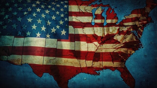 American flag with map of united states for patriotic design background