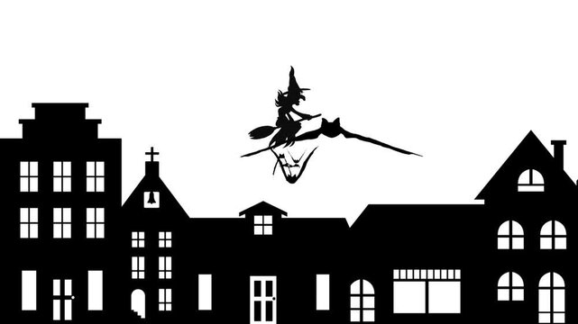 Animated silhouette of a flying witch on a broomstick above village skyline on white background. Spooky Halloween scene concept for horror, holiday, and mystical themes.