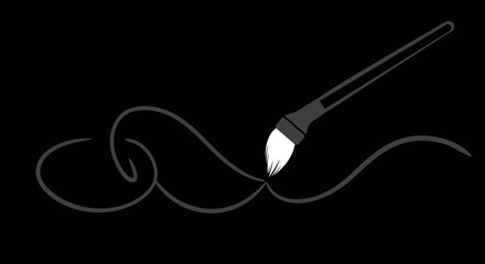 A paintbrush creates a dark line with swirls on a black background