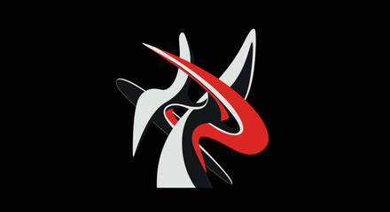 Abstract design black white  red shapes intersect against a black background