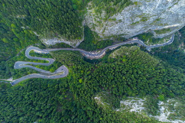 Aerial view of the Bicaz Gorges in Romania. The winding road in the Bicaz Gorges seen from above