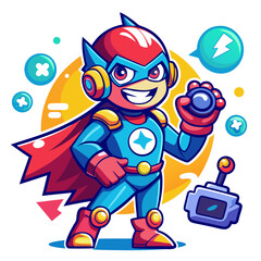 Heroic Gamer Mascot with Joystick and Speech Bubble Elements