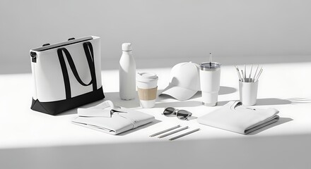 White Branded Merchandise Mockup: Tote Bag, Apparel, and Drinkware