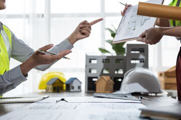 Construction project discussion office space professional meeting bright environment close-up view...