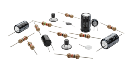 Electronic components, resistors, and capacitors are scattered elegantly on a stark black background, showcasing detail.