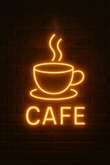 Vibrant orange neon sign of a steaming coffee cup and the word 'CAFE' glowing on a dark brick wall.