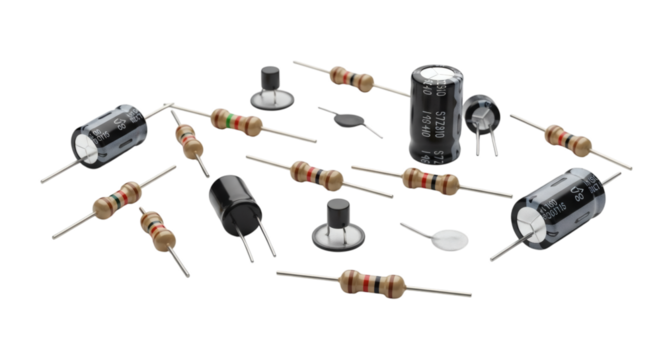 Electronic components, resistors, and capacitors are scattered elegantly on a stark black background, showcasing detail. - Powered by Adobe