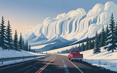 Red truck driving on snowy mountain road with pine trees and dramatic clouds.