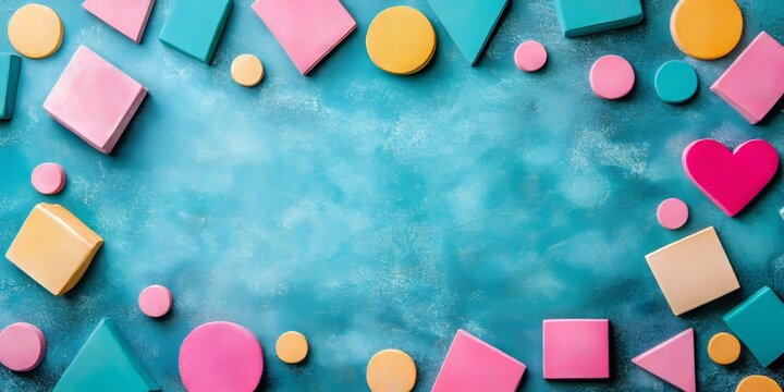 colorful background of pastel geometric shapes in pink,yellow,and turquoise, creating a frame on a textured blue surface for websites or blogs related to children's themes,crafts,or design