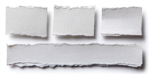 Four torn pieces of textured white paper cast shadows against a white background