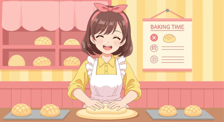 Cheerful manga-style baker kneads dough for melon bread in her sweet bakery