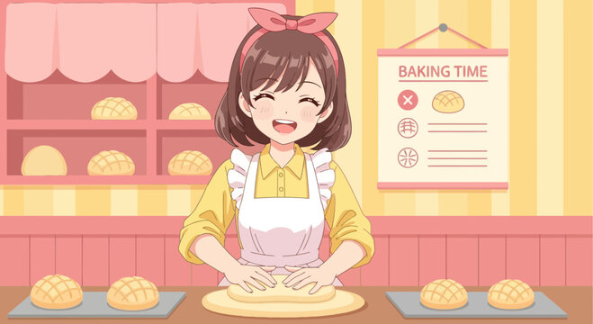 Cheerful manga-style baker kneads dough for melon bread in her sweet bakery