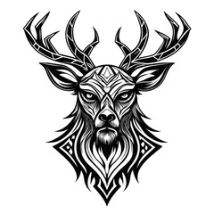 Symmetrical Tribal Bearded Deer Head in Solid Black Vector Lines