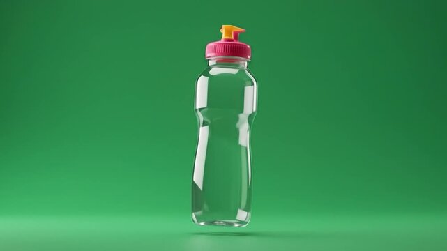 Plastic bottle levitates against green backdrop; studio shot, product mockup