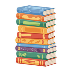 An educational stack of vibrant, colorful textbooks is presented in a clean flat 2D illustration, isolated on a bright white background, symbolizing knowledge and academic learning.