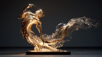 wide shot majestic god in motion, body formed from flowing molten gold and silver streams, dynamic pose, metallic liquid cascading through the air, fluid art, abstract sculpture style 