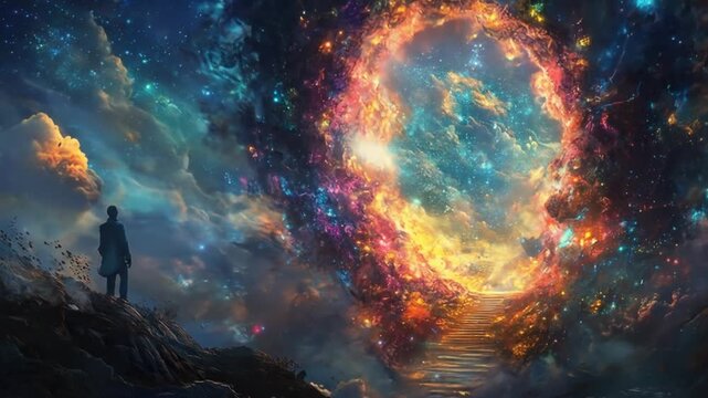 Figurative figure gazing at cosmic wonder