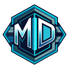 Polygonal MD Badge with Glowing Linework and Layered Shadows