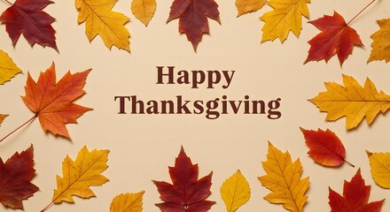 A festive Thanksgiving greeting with colorful autumn leaves arranged around the text.