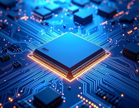 A powerful computer microprocessor glowing with orange light on a futuristic blue printed circuit board.