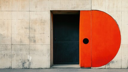 Orange half circle door partially open revealing a dark interior set in a concrete wall facade